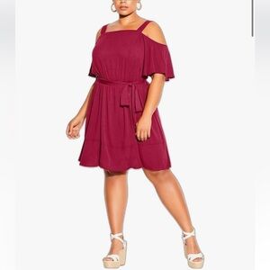 City Chic One Shoulder Deep Red Cold Shoulder Dress